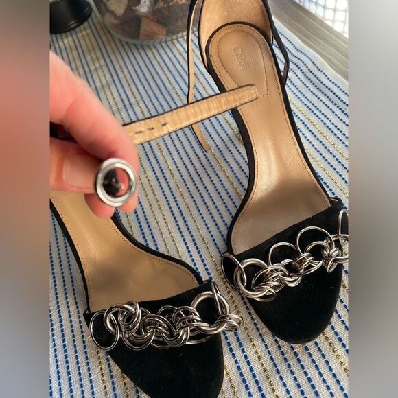 Chloe , black shoes with chains in front and ankle bracelet, new never used - Picture 2 of 8